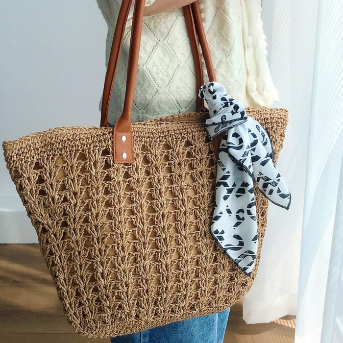 Modern Straw Tote Bag with Leather Handles