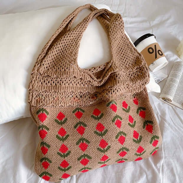 Handmade Tulip Pattern Crochet Market Tote Brown